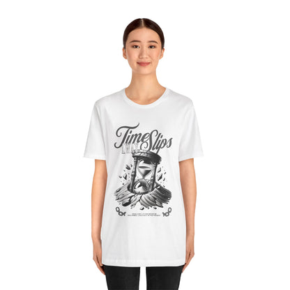 Time Slips Hourglass T‑Shirt — Vintage Black & White Graphic Tee