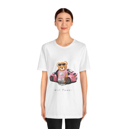 Girl Power Bear Tee — Cute Pink Car Teddy Graphic T-Shirt