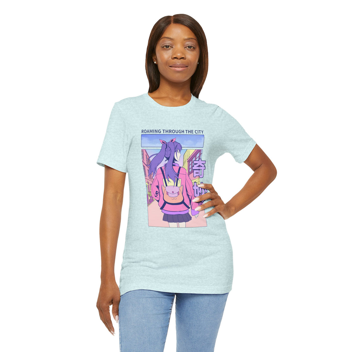 Roaming Through The City Anime Girl Tee — Vaporwave Cityscape Shirt