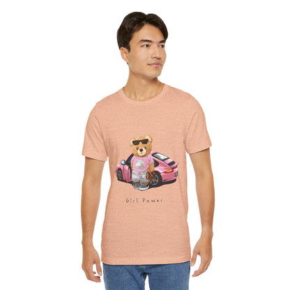 Girl Power Bear Tee — Cute Pink Car Teddy Graphic T-Shirt