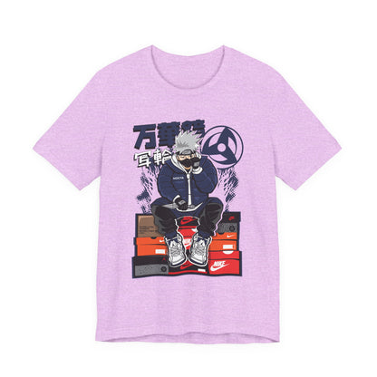 Anime Sneakerhead Tee — Sitting Character on Shoe Boxes with Japanese Text