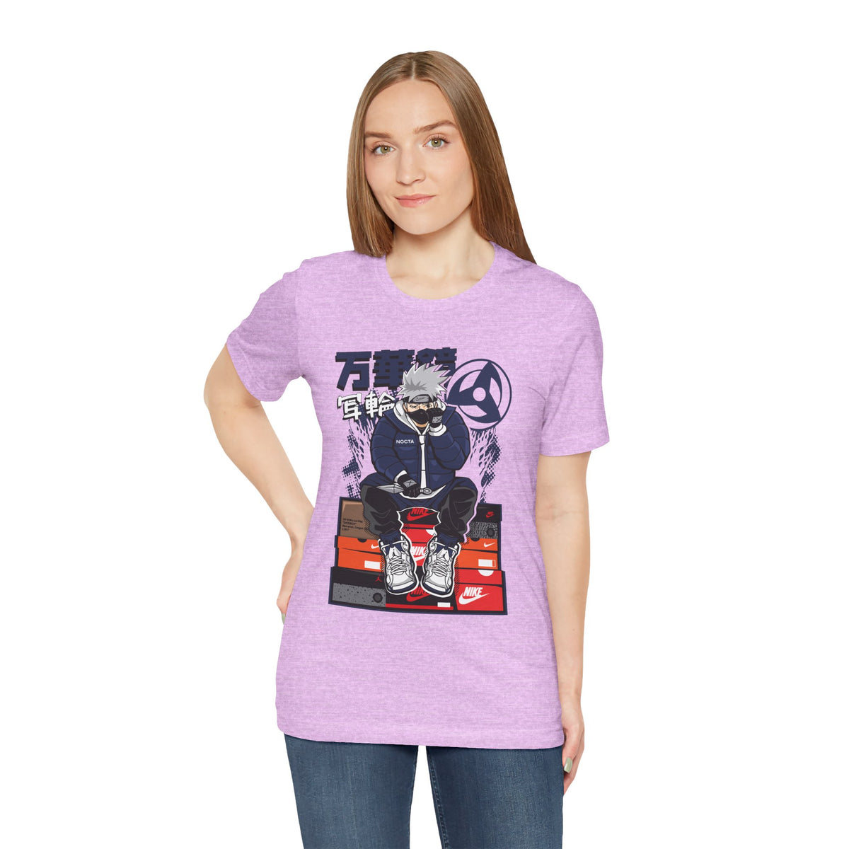 Anime Sneakerhead Tee — Sitting Character on Shoe Boxes with Japanese Text