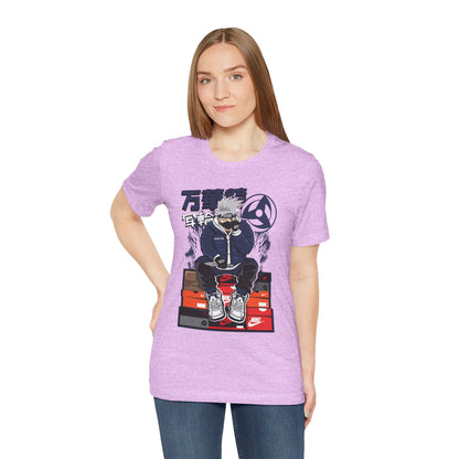 Anime Sneakerhead Tee — Sitting Character on Shoe Boxes with Japanese Text