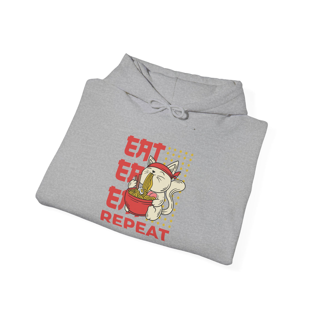Eat Eat Eat Repeat Hoodie — Cute Cat Eating Ramen Graphic Sweatshirt
