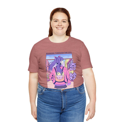 Roaming Through The City Anime Girl Tee — Vaporwave Cityscape Shirt