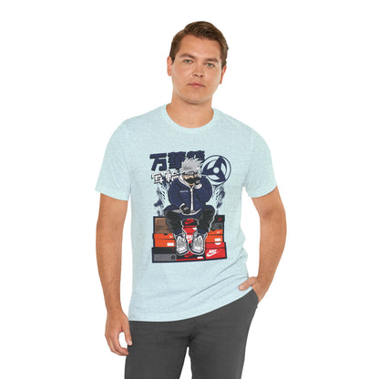 Anime Sneakerhead Tee — Sitting Character on Shoe Boxes with Japanese Text