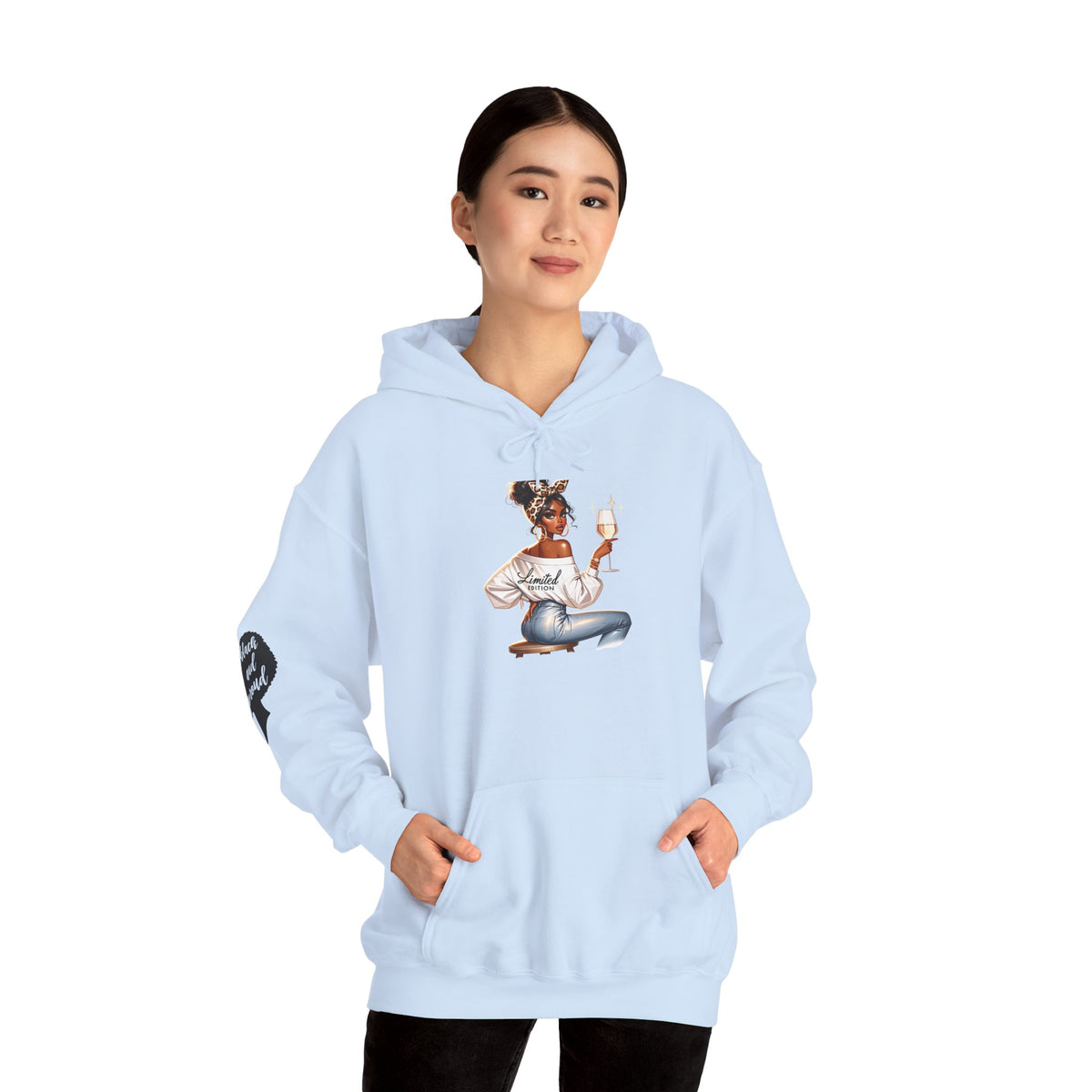 Cozy Chick Hoodie — Fashionable Woman Relaxing with Coffee Graphic Hooded Sweatshirt