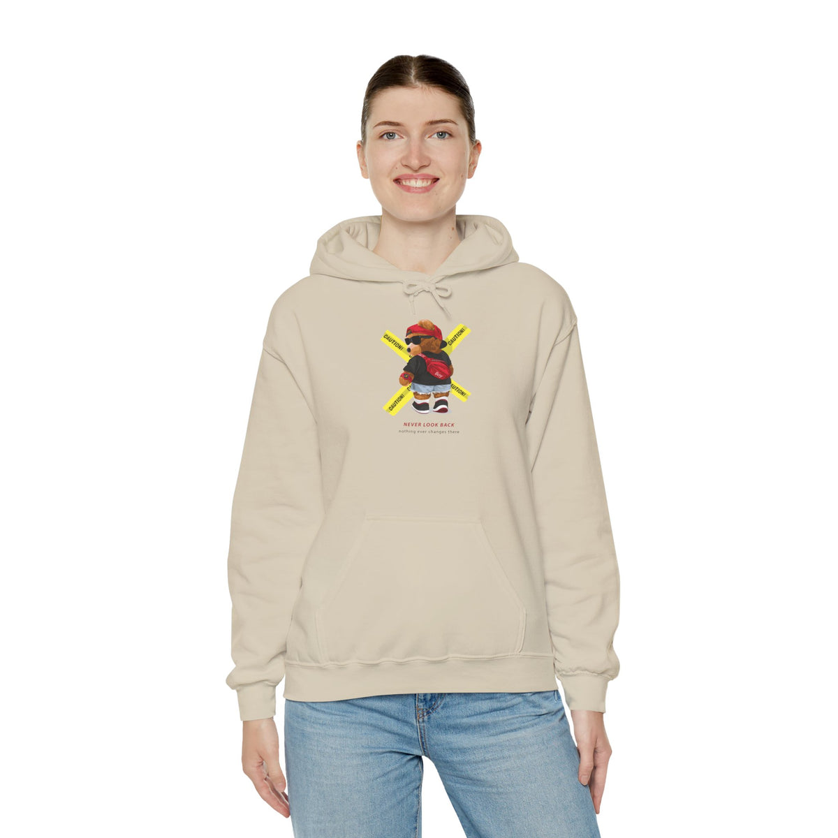 Hockey Bear Graphic Hoodie — 'Never Give Up' Cozy Skate Sweatshirt