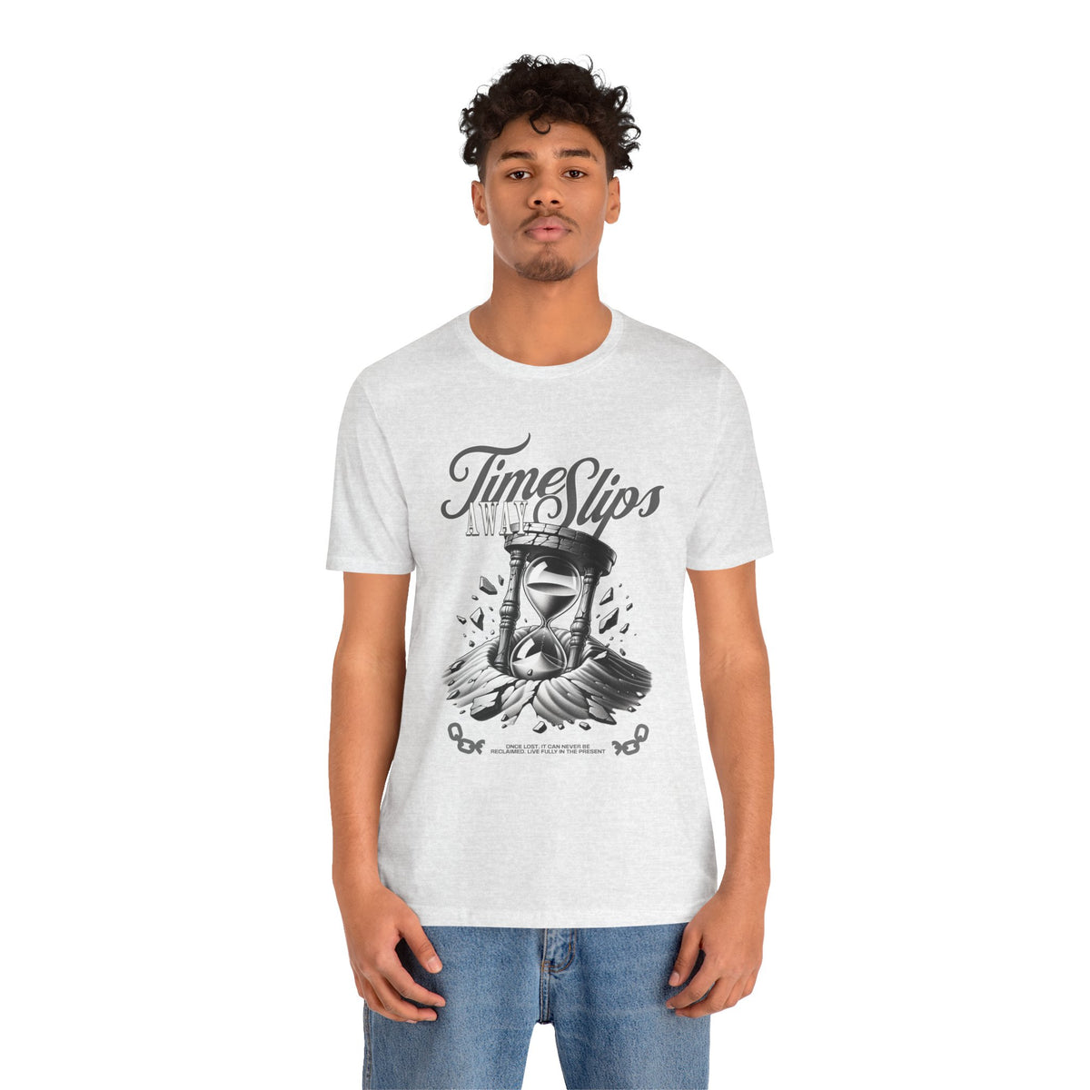 Time Slips Hourglass T‑Shirt — Vintage Black & White Graphic Tee