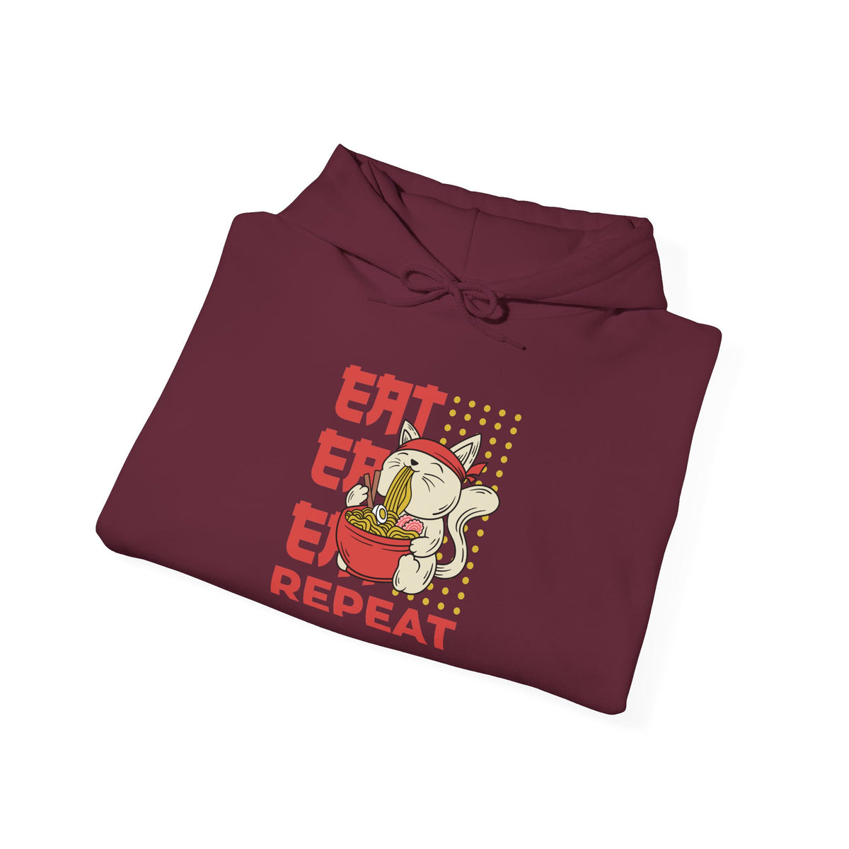 Eat Eat Eat Repeat Hoodie — Cute Cat Eating Ramen Graphic Sweatshirt