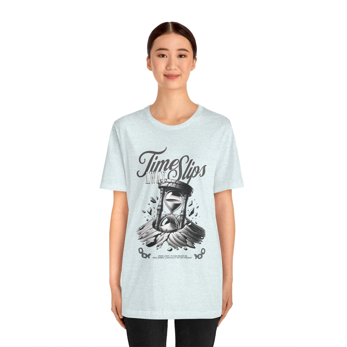 Time Slips Hourglass T‑Shirt — Vintage Black & White Graphic Tee
