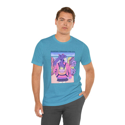 Roaming Through The City Anime Girl Tee — Vaporwave Cityscape Shirt