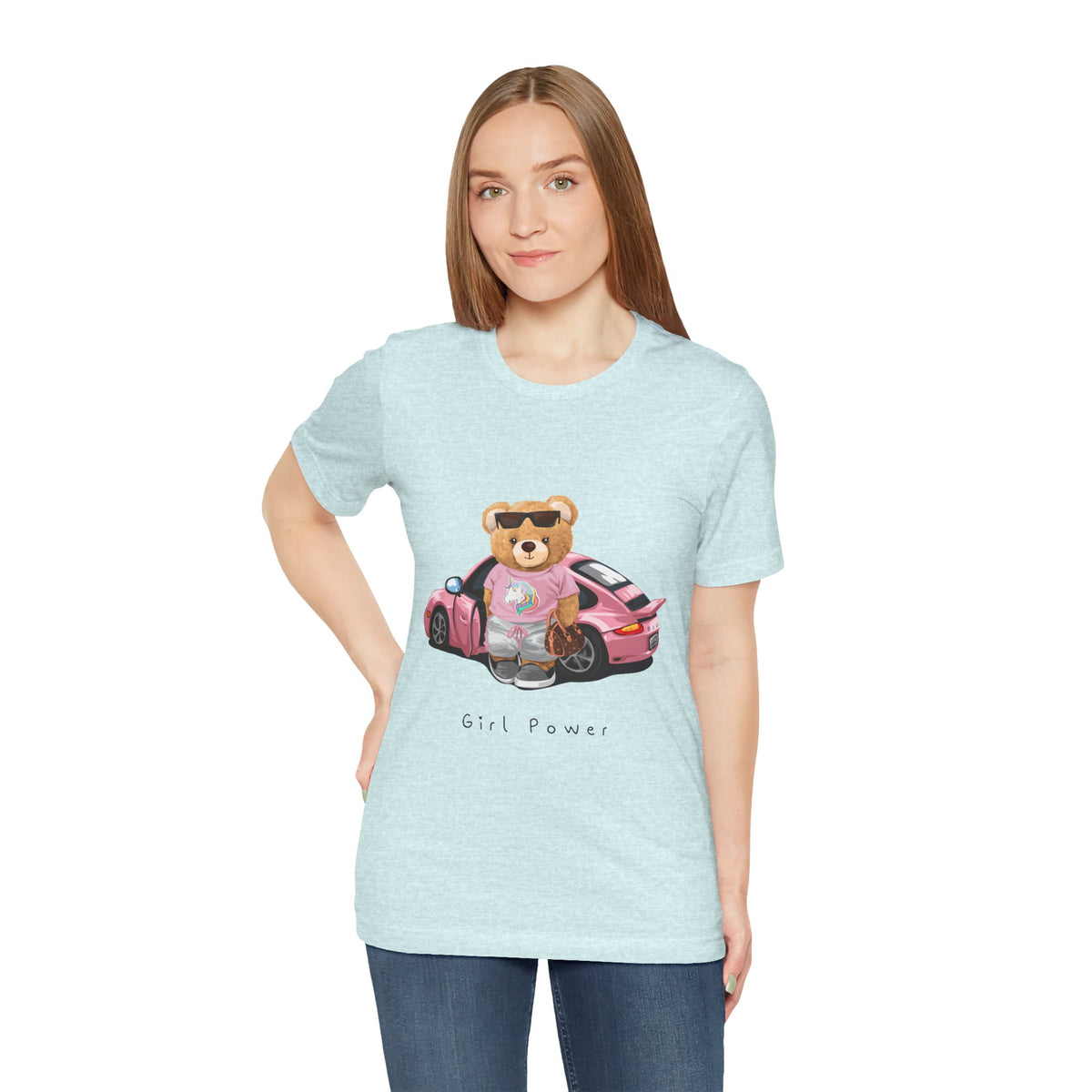 Girl Power Bear Tee — Cute Pink Car Teddy Graphic T-Shirt