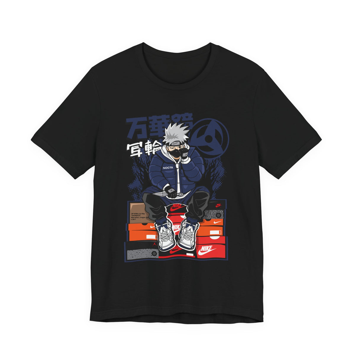 Anime Sneakerhead Tee — Sitting Character on Shoe Boxes with Japanese Text