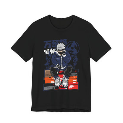 Anime Sneakerhead Tee — Sitting Character on Shoe Boxes with Japanese Text