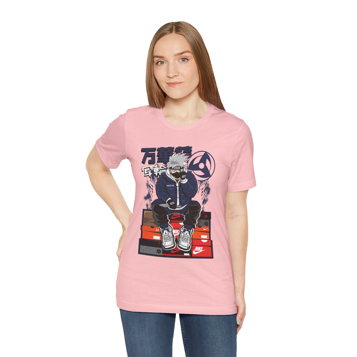 Anime Sneakerhead Tee — Sitting Character on Shoe Boxes with Japanese Text