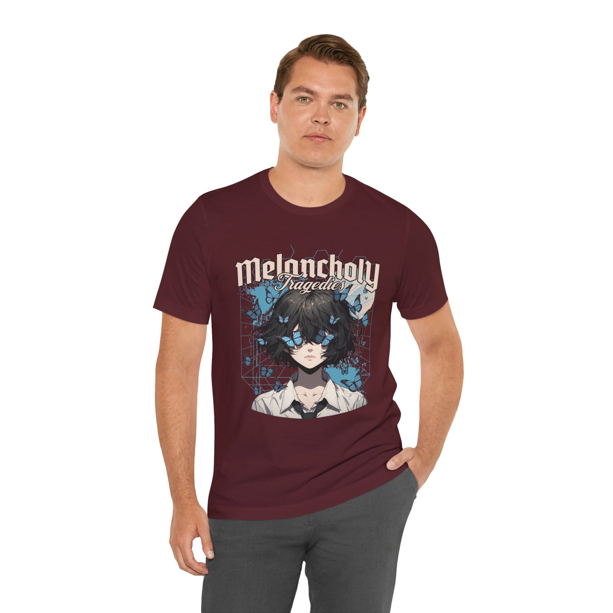 Melancholy Tragedia Anime Tee — Blue Butterflies Graphic T-Shirt