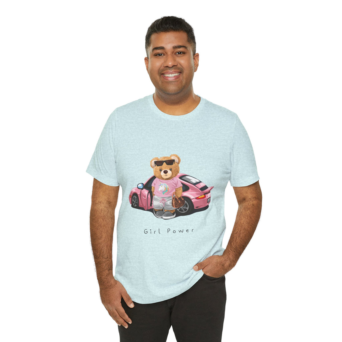 Girl Power Bear Tee — Cute Pink Car Teddy Graphic T-Shirt