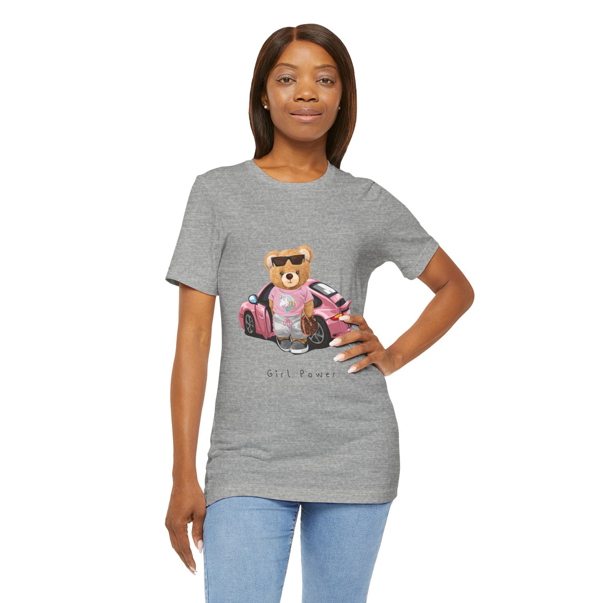 Girl Power Bear Tee — Cute Pink Car Teddy Graphic T-Shirt