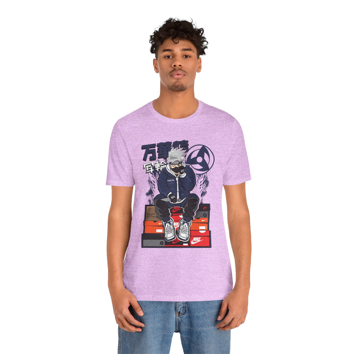 Anime Sneakerhead Tee — Sitting Character on Shoe Boxes with Japanese Text