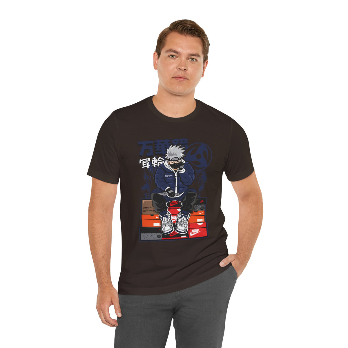 Anime Sneakerhead Tee — Sitting Character on Shoe Boxes with Japanese Text