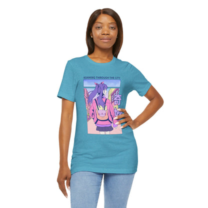 Roaming Through The City Anime Girl Tee — Vaporwave Cityscape Shirt