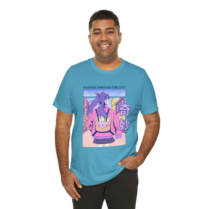 Roaming Through The City Anime Girl Tee — Vaporwave Cityscape Shirt