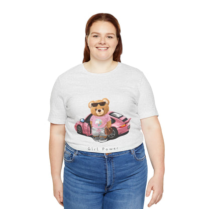 Girl Power Bear Tee — Cute Pink Car Teddy Graphic T-Shirt