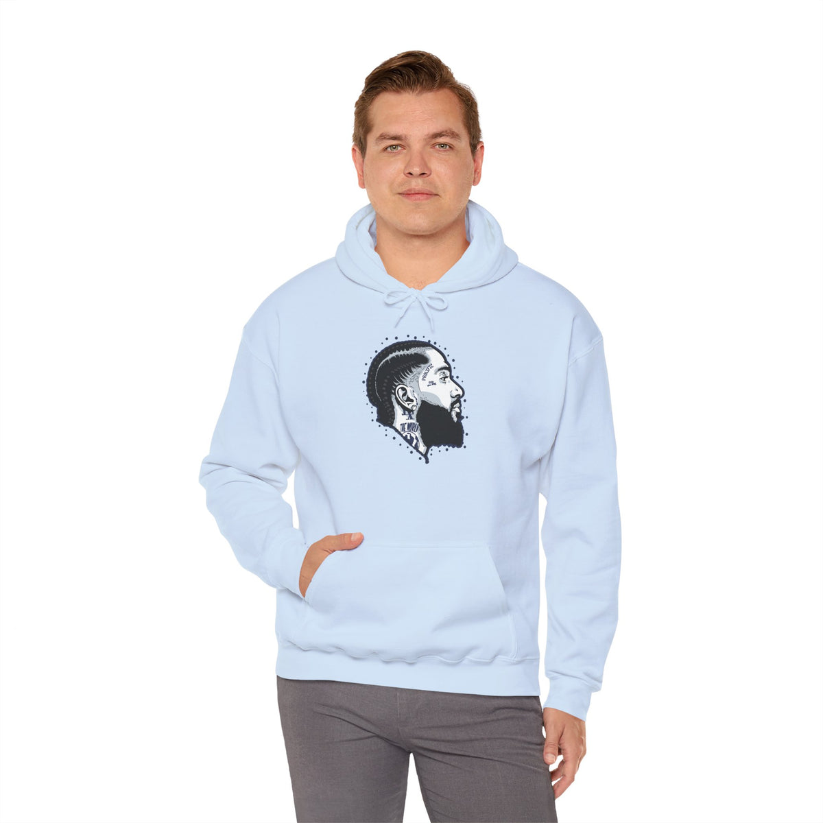 Portrait Graphic NIPSEY – Side Profile Ink Illustration Hooded