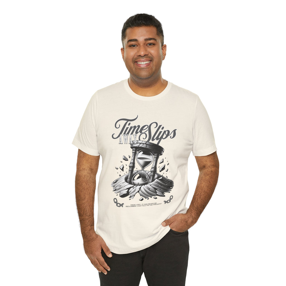 Time Slips Hourglass T‑Shirt — Vintage Black & White Graphic Tee