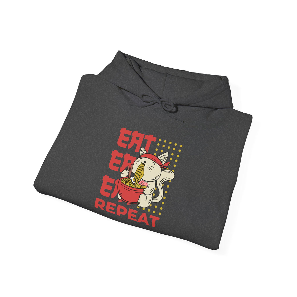 Eat Eat Eat Repeat Hoodie — Cute Cat Eating Ramen Graphic Sweatshirt