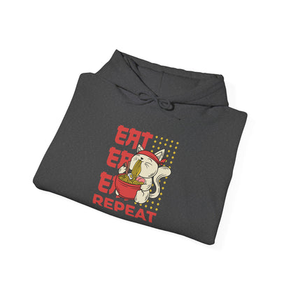 Eat Eat Eat Repeat Hoodie — Cute Cat Eating Ramen Graphic Sweatshirt