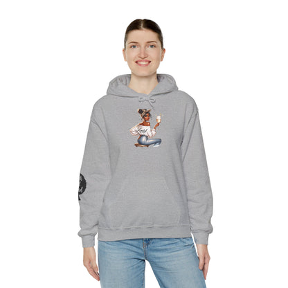 Cozy Chick Hoodie — Fashionable Woman Relaxing with Coffee Graphic Hooded Sweatshirt
