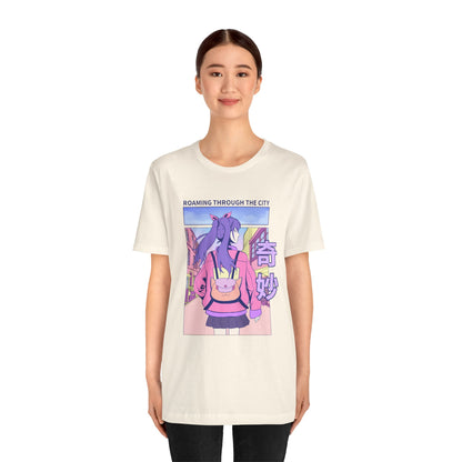 Roaming Through The City Anime Girl Tee — Vaporwave Cityscape Shirt