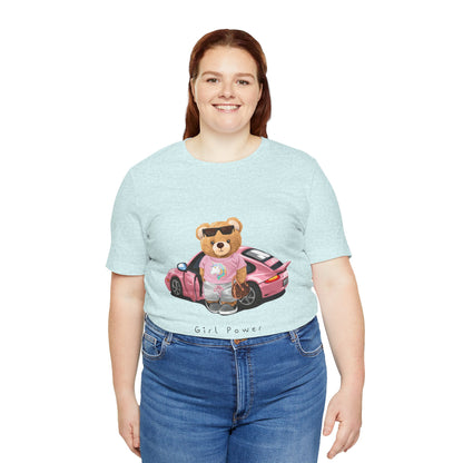 Girl Power Bear Tee — Cute Pink Car Teddy Graphic T-Shirt