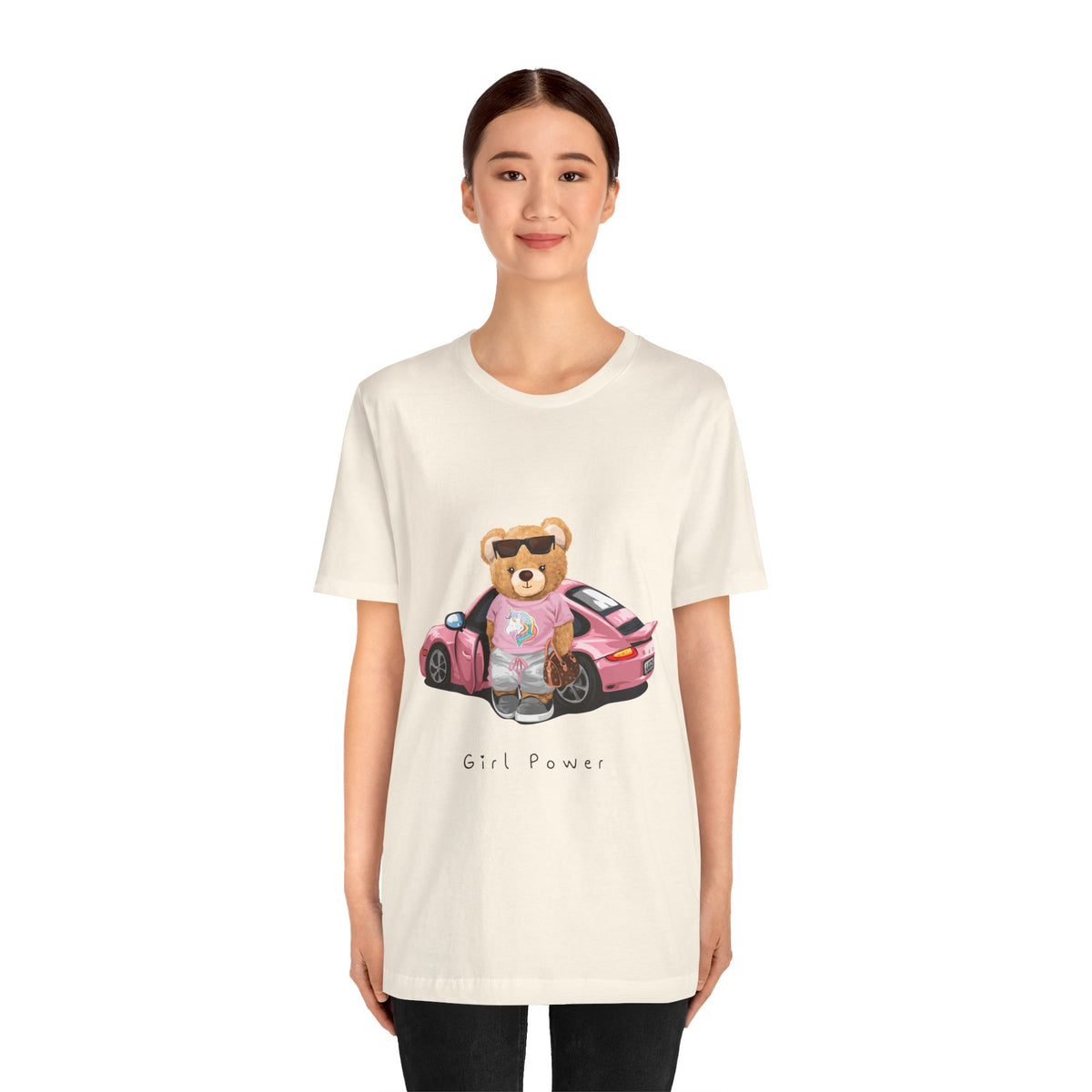 Girl Power Bear Tee — Cute Pink Car Teddy Graphic T-Shirt