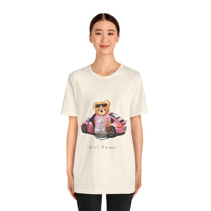 Girl Power Bear Tee — Cute Pink Car Teddy Graphic T-Shirt