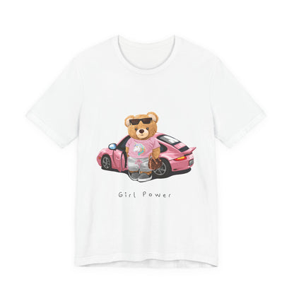 Girl Power Bear Tee — Cute Pink Car Teddy Graphic T-Shirt