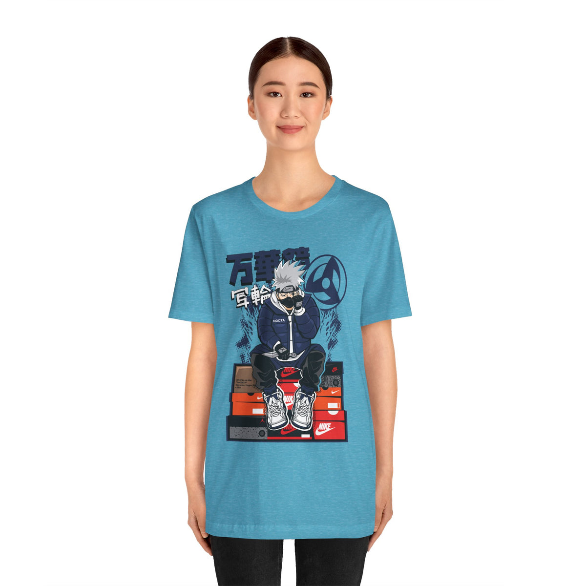 Anime Sneakerhead Tee — Sitting Character on Shoe Boxes with Japanese Text
