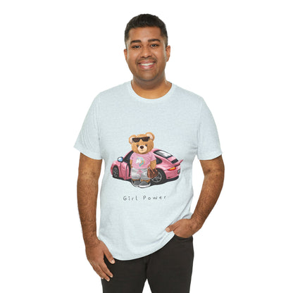 Girl Power Bear Tee — Cute Pink Car Teddy Graphic T-Shirt