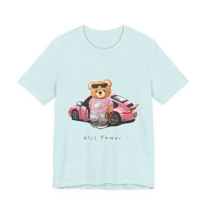 Girl Power Bear Tee — Cute Pink Car Teddy Graphic T-Shirt