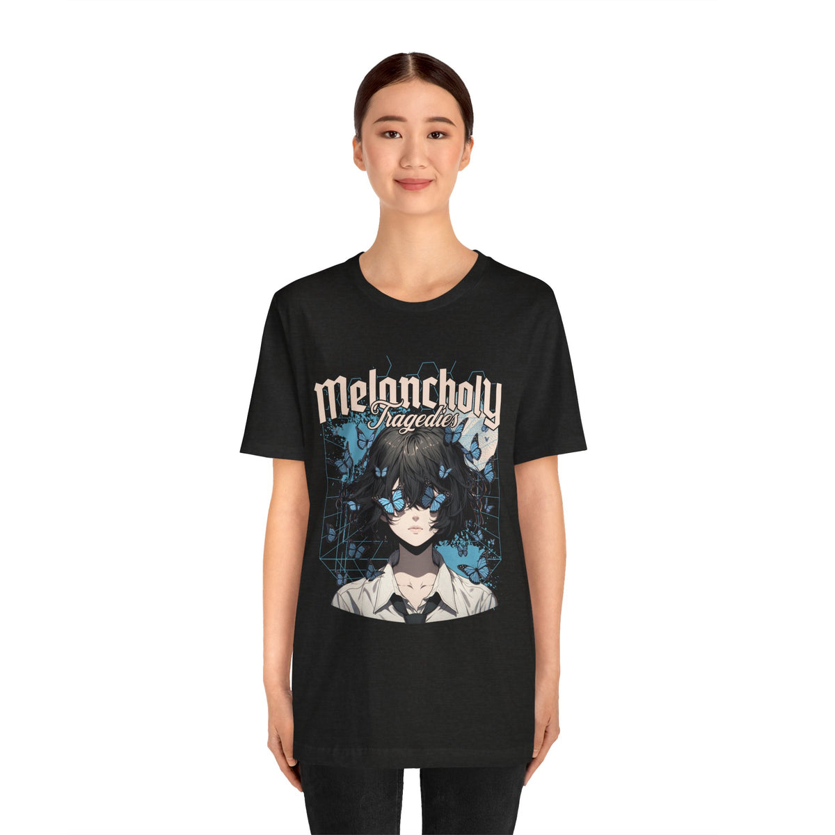 Melancholy Tragedia Anime Tee — Blue Butterflies Graphic T-Shirt