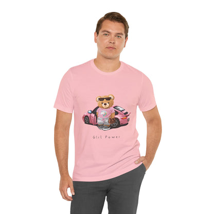 Girl Power Bear Tee — Cute Pink Car Teddy Graphic T-Shirt