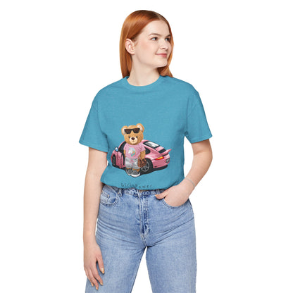 Girl Power Bear Tee — Cute Pink Car Teddy Graphic T-Shirt