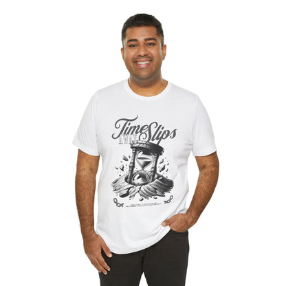 Time Slips Hourglass T‑Shirt — Vintage Black & White Graphic Tee