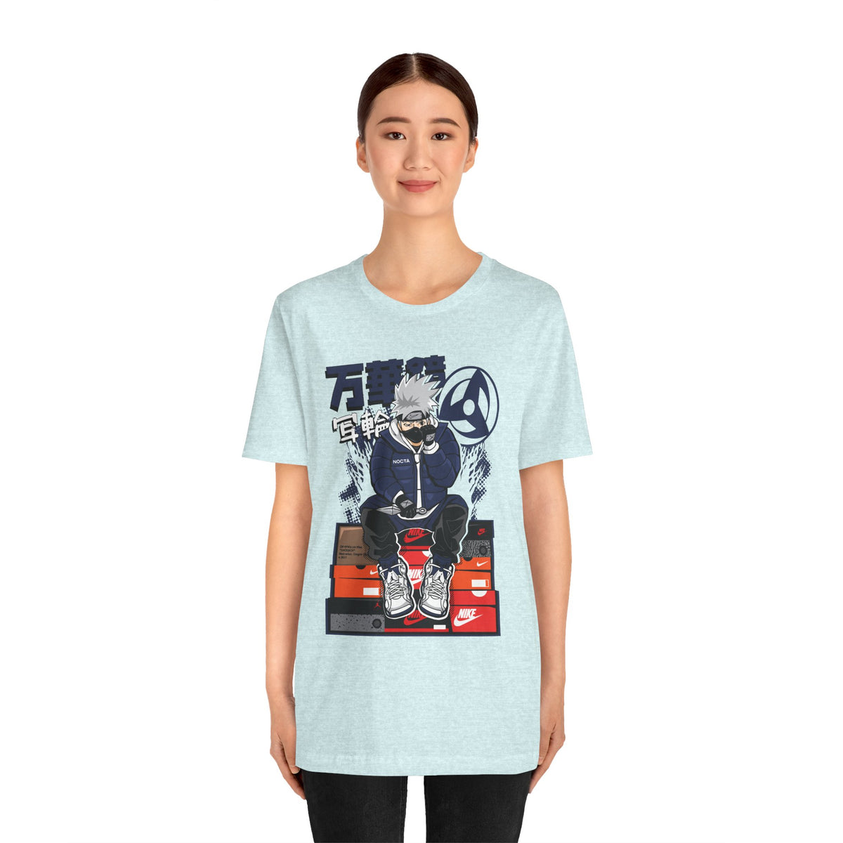 Anime Sneakerhead Tee — Sitting Character on Shoe Boxes with Japanese Text