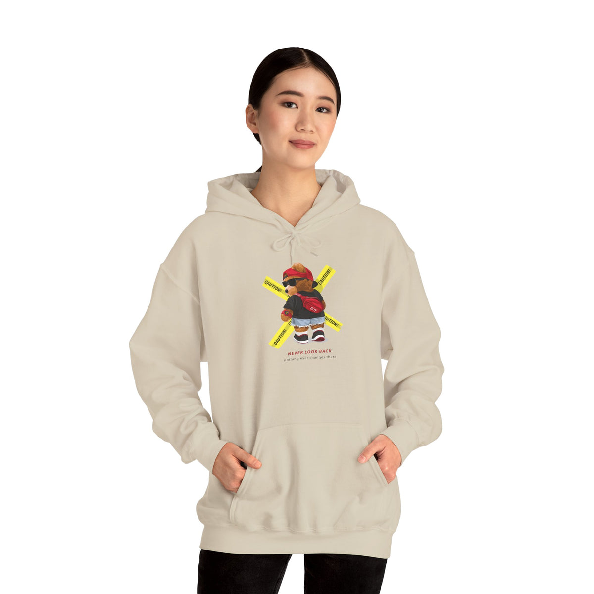 Hockey Bear Graphic Hoodie — 'Never Give Up' Cozy Skate Sweatshirt