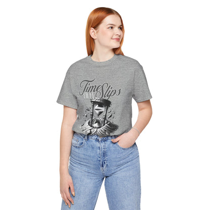 Time Slips Hourglass T‑Shirt — Vintage Black & White Graphic Tee