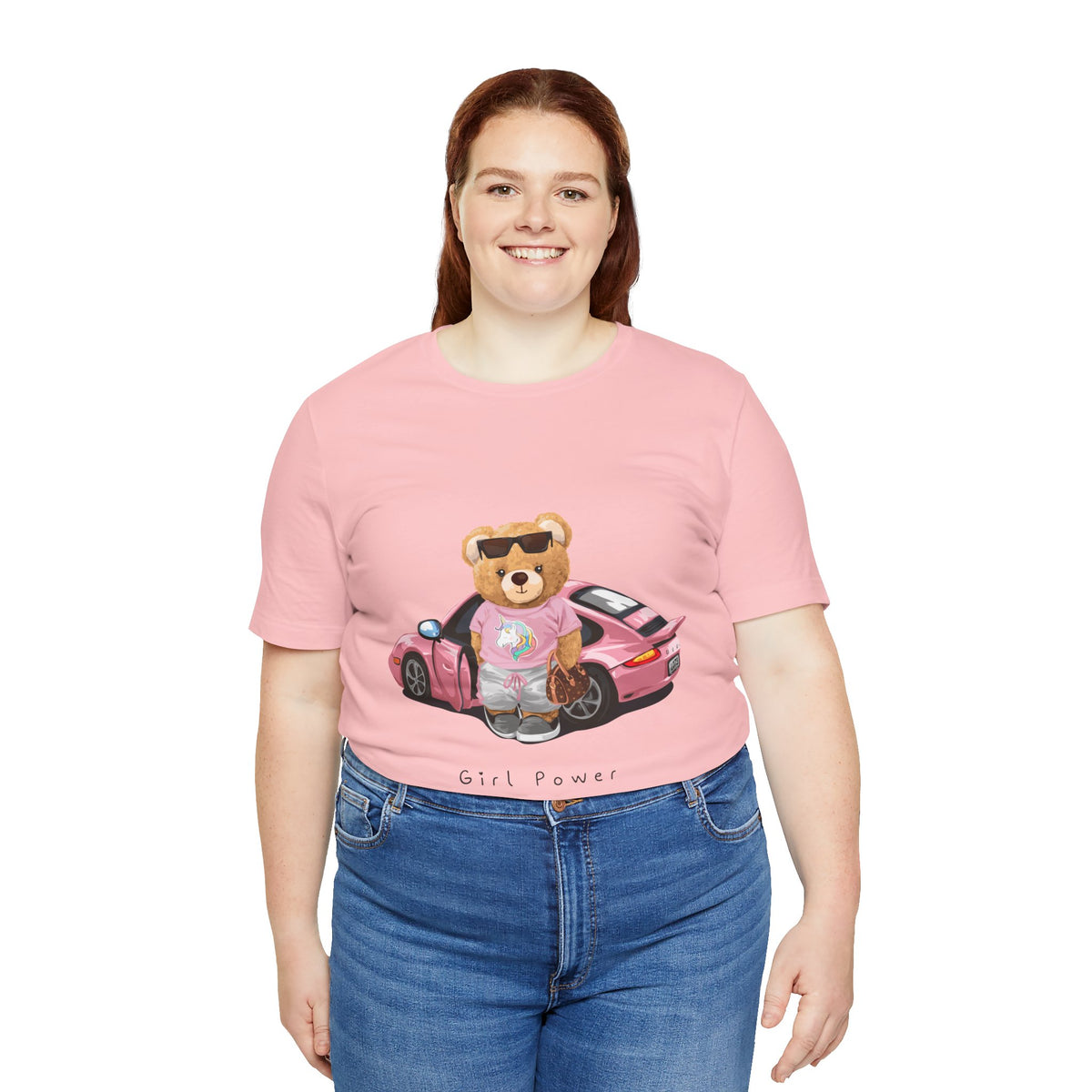 Girl Power Bear Tee — Cute Pink Car Teddy Graphic T-Shirt