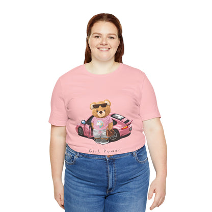Girl Power Bear Tee — Cute Pink Car Teddy Graphic T-Shirt